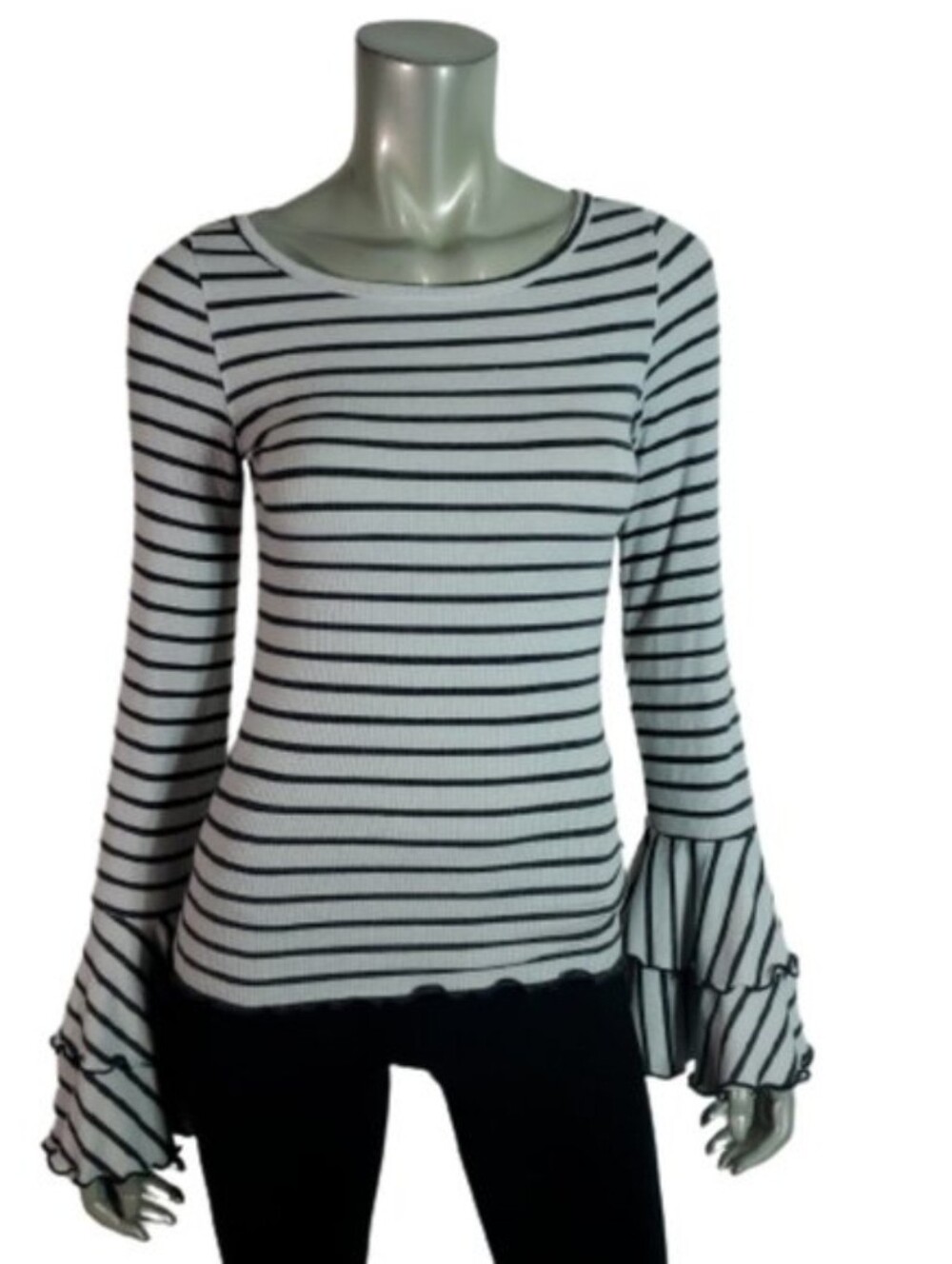 Free People Top Size XS Bell Sleeve Ribbed Stretch Crew Neck Striped White